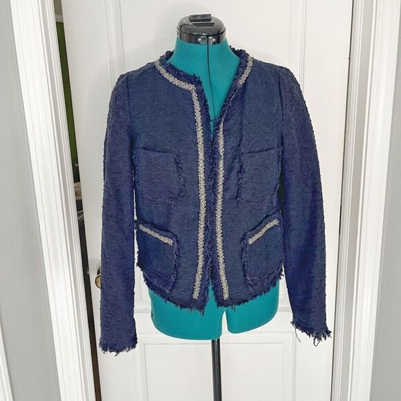 Zara Basic Textured Frayed Silver Trim Pocket Open Front Crop Jacket Blazer - Picture 1 of 15